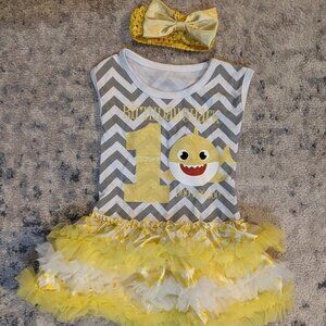 Baby Shark 1st Birthday Tutu Dress - Yellow Glitter New